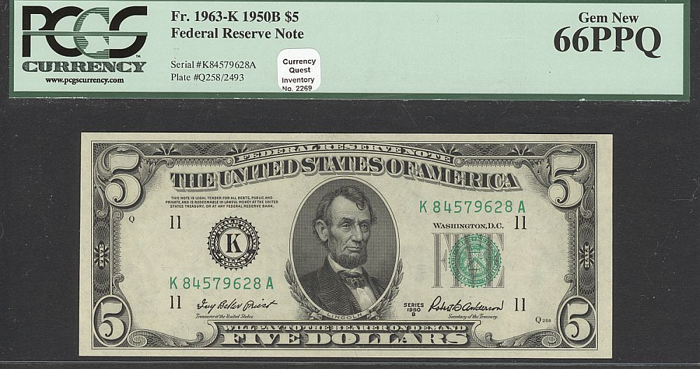 Fr.1963-K, 1950B $5 Dallas Federal Reserve Note, PCGS66-PPQ